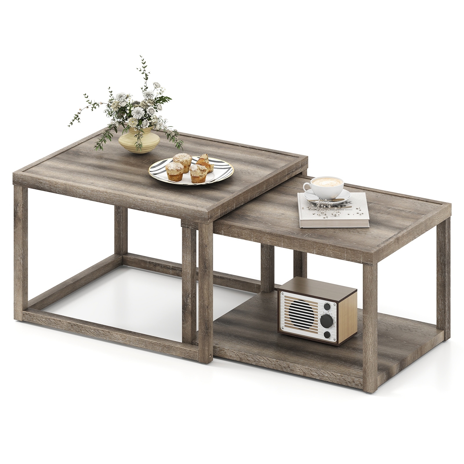 Gymax Nesting Coffee Table Set of 2 Stackable Rectangular End Tables