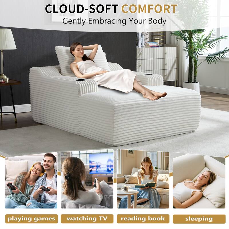Roomfitters 67" Oversized Chaise Lounge, Corduroy Boneless Sleeper Sofa with Integrated Cup Holders