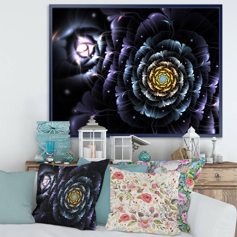 Designart "Dark Blue Fractal Flower in Dark" Floral Framed Canvas Art print