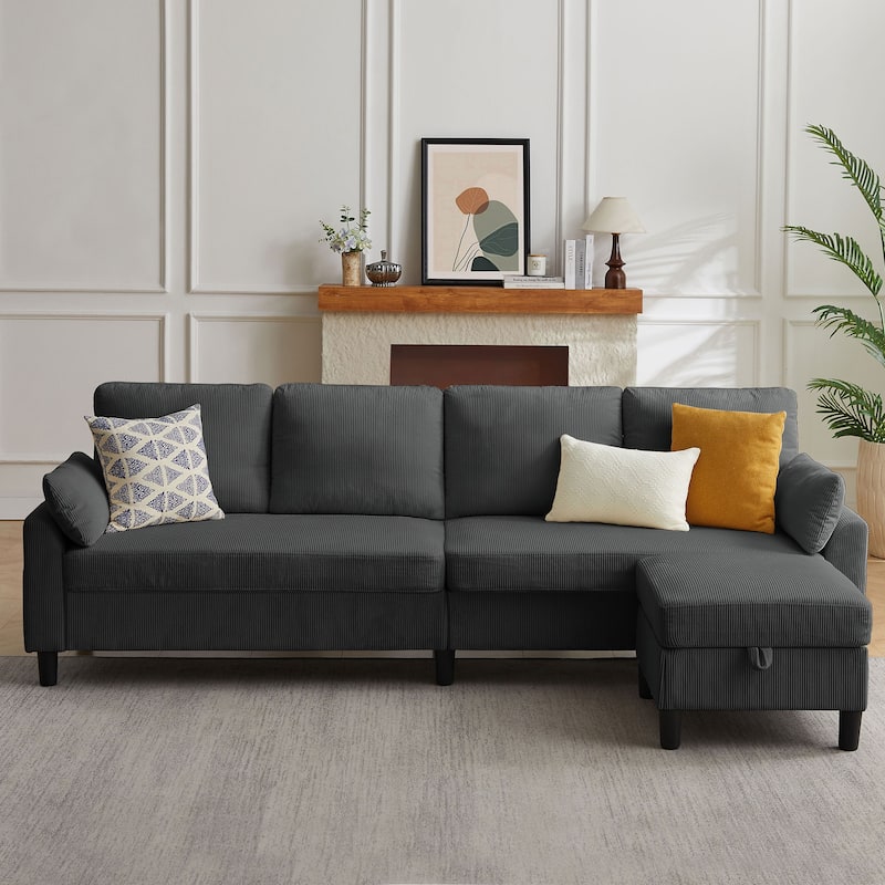101'' Corduroy Upholstered Sectional Sofa With Storage Ottoman - Dark Grey - L Shaped