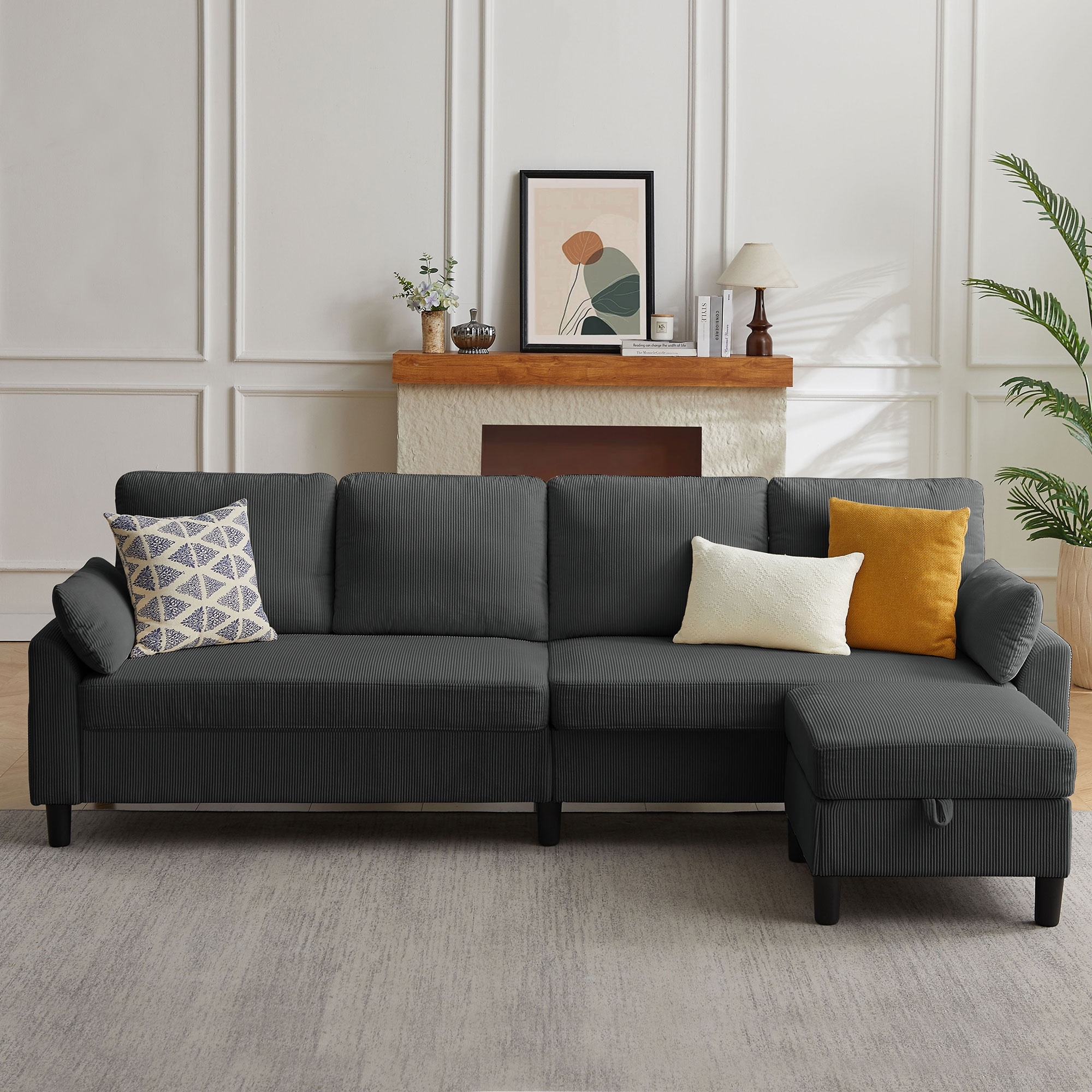 Modern Sectional Sofa Couch L Shaped With Chaise Storage Ottoman and Side Bags For Living Room
