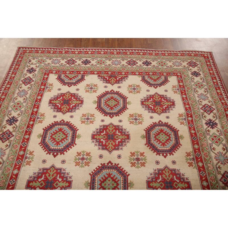 Beige Kazak Area Rug Hand-Knotted Geometric Wool Carpet - 6'6" x 9'2"