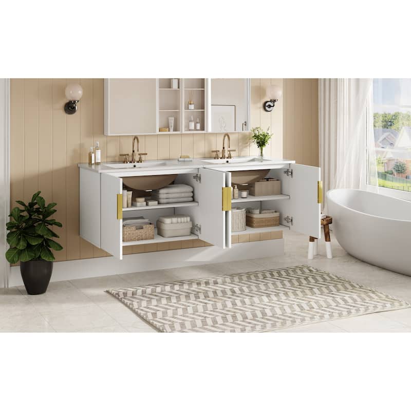 GDFStudio - Marwood Vintage Double Bathroom Vanity Set with 3 Holes Single Ceramic Sink & Soft Closing Doors - 60'W