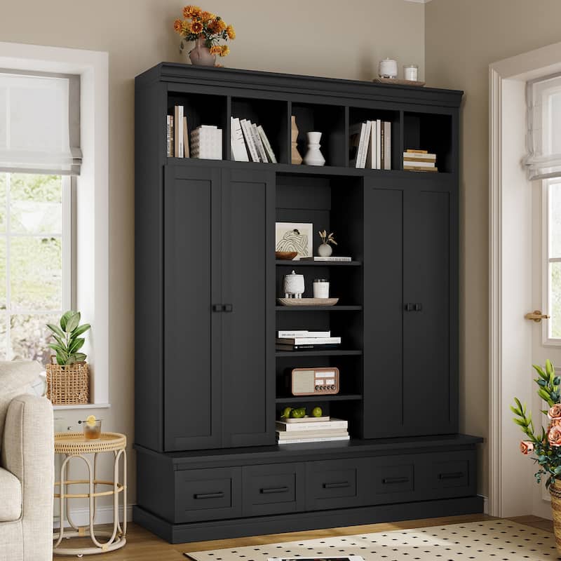 Large Wood Hall Tree with Bench, Modern 4 Door Entrance Storage Cabinet w/ 5 Drawers, Adjustable Shelves for Living Room - Black