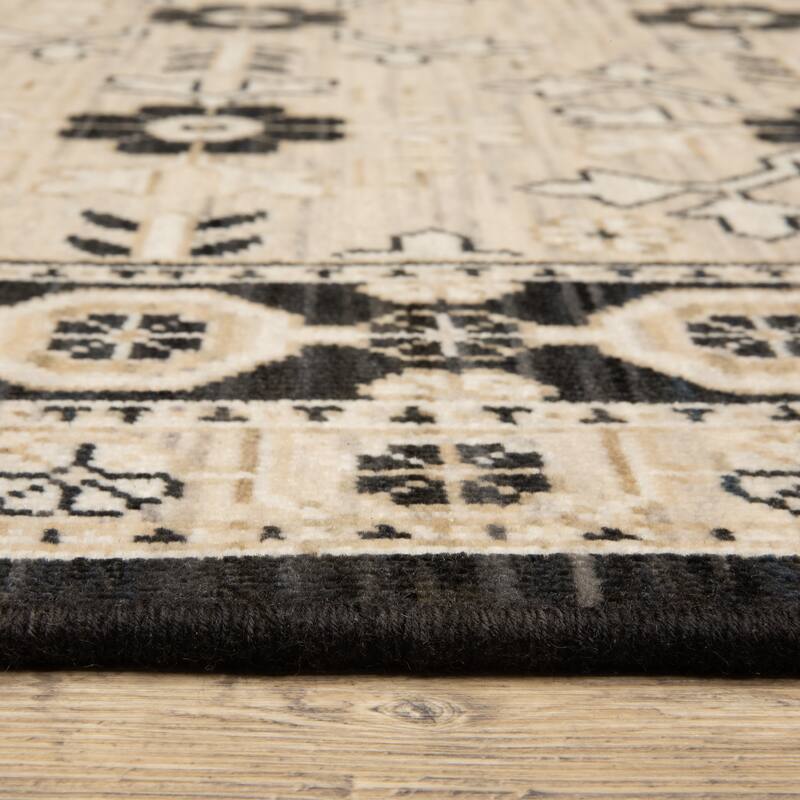 Adelaide Traditonal Bordered Floral Beige/ Black Wool Blend Area Rug