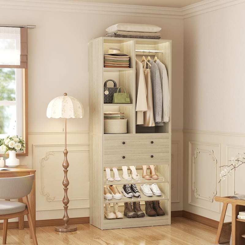 27.7'' Closet Organizer with Shoe Racks and Drawers, Closet System with Hanging Rod and Adjustable Shelves