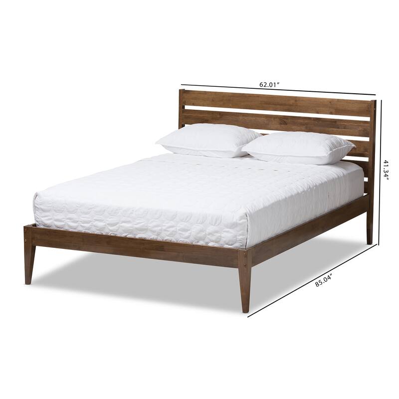 Full Size Platform Bed - Modern Wood Slatted Headboard - Contemporary Bed Frame - Solid Wood Bed