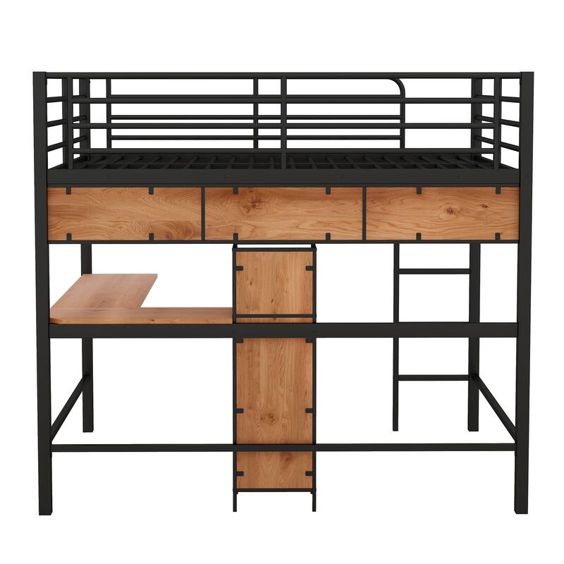 Full Size Metal & Wood Loft Bed with L-Shaped Desk and Shelves, Black and Brown