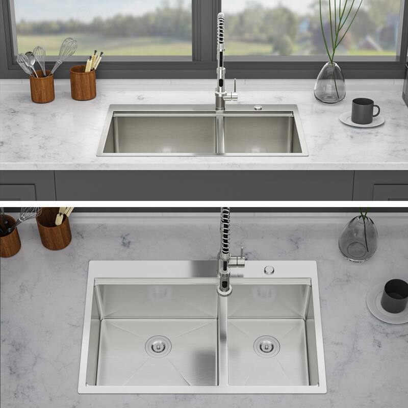 33" Drop-in Double Bowl 16 Gauge Stainless Steel Kitchen Sink in Brushed Nickel - 33'' x 22'' x 10''
