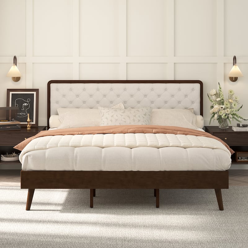 LUE BONA Solid Wood Panel Platform Bed with Button Tufted Headboard, Multi-Size wooden Rustic Bed Frame Bedroom Furniture - King
