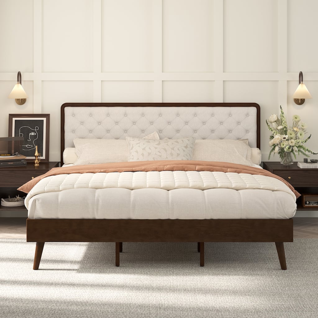 LUE BONA Solid Wood Panel Platform Bed with Button Tufted Headboard, Multi-Size wooden Rustic Bed Frame Bedroom Furniture