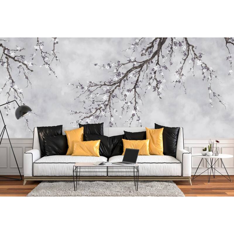 Elegant Cherry Blossom Branch Wallpaper Mural – Minimalist Floral Design for Serene Interiors