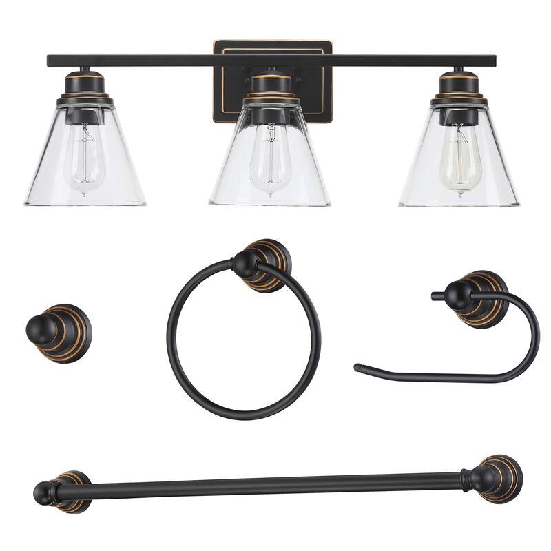 3-Light Vanity Light with Brushed Nickel Finish and Bath Set (5-Piece) - Bronze