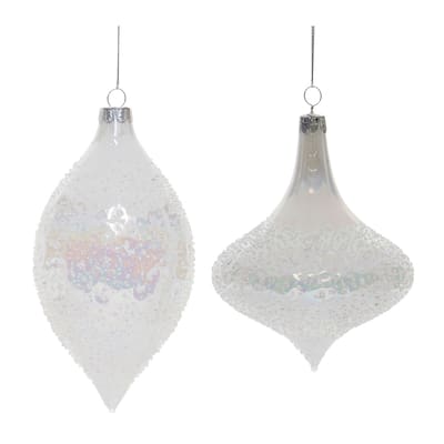 Iridescent Beaded Glass Finial Christmas Drop Ornament - 6.5" - White - 6ct