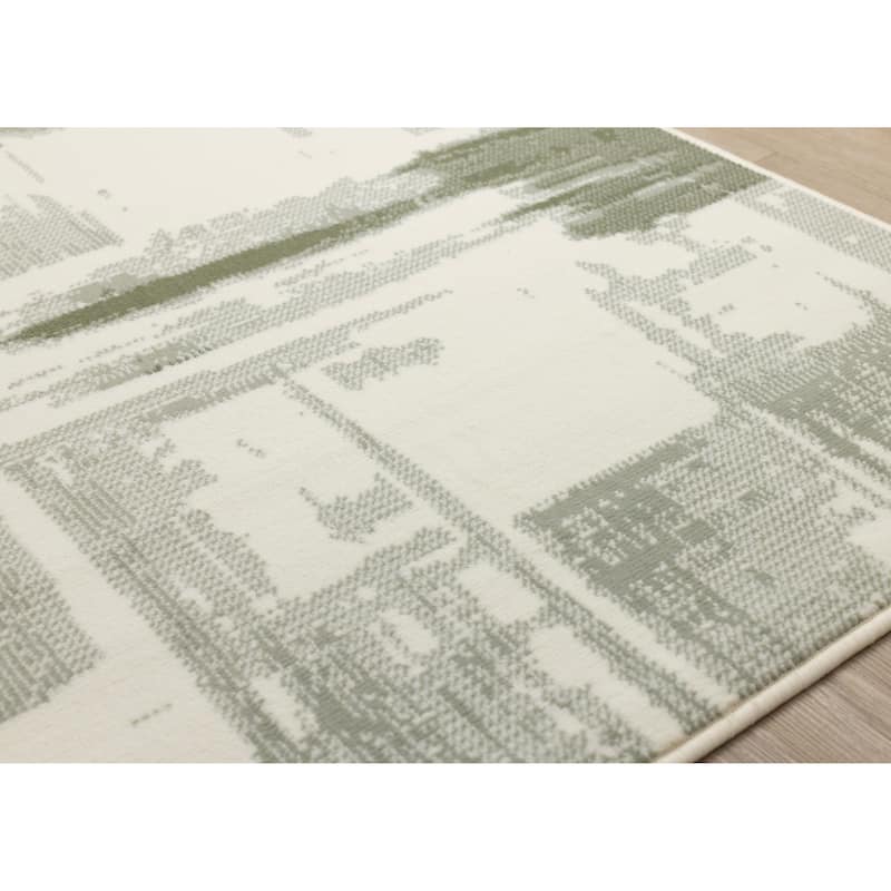 Cream Green Distressed Abstract High Traffic Area Rug