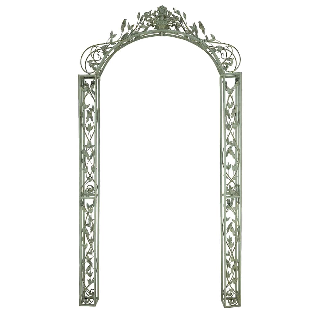 Metal Bird Indoor Outdoor Arched Garden Arbor with Scrolled Vines - Green - Roche River Decor