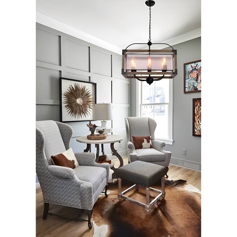 6 - Light Lantern Round Texture Drum Shade Wood Metal Frame Island Pendant Lamp Rustic