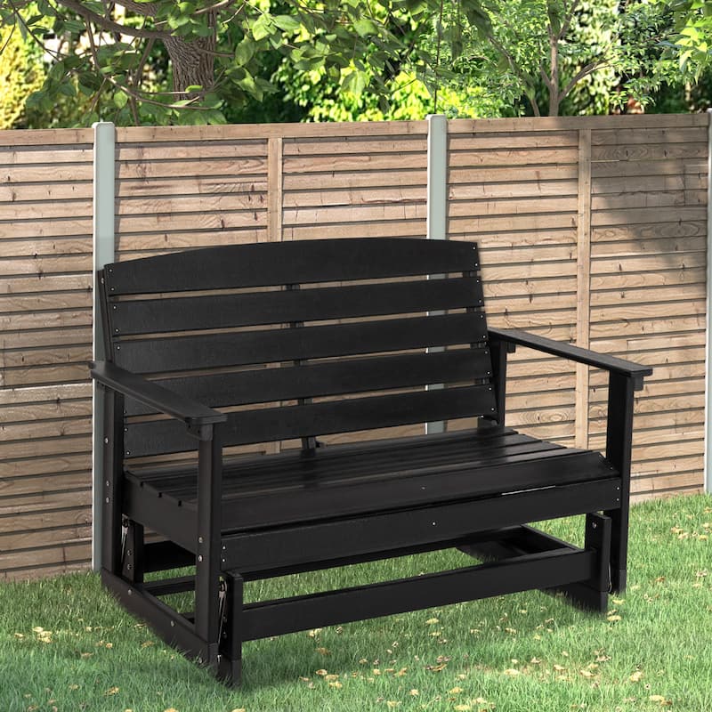 HDPE Love Seat Glider Bench with Slatted Seats Two People - 49.5" W x 27.6" D x 34.3" H - Black