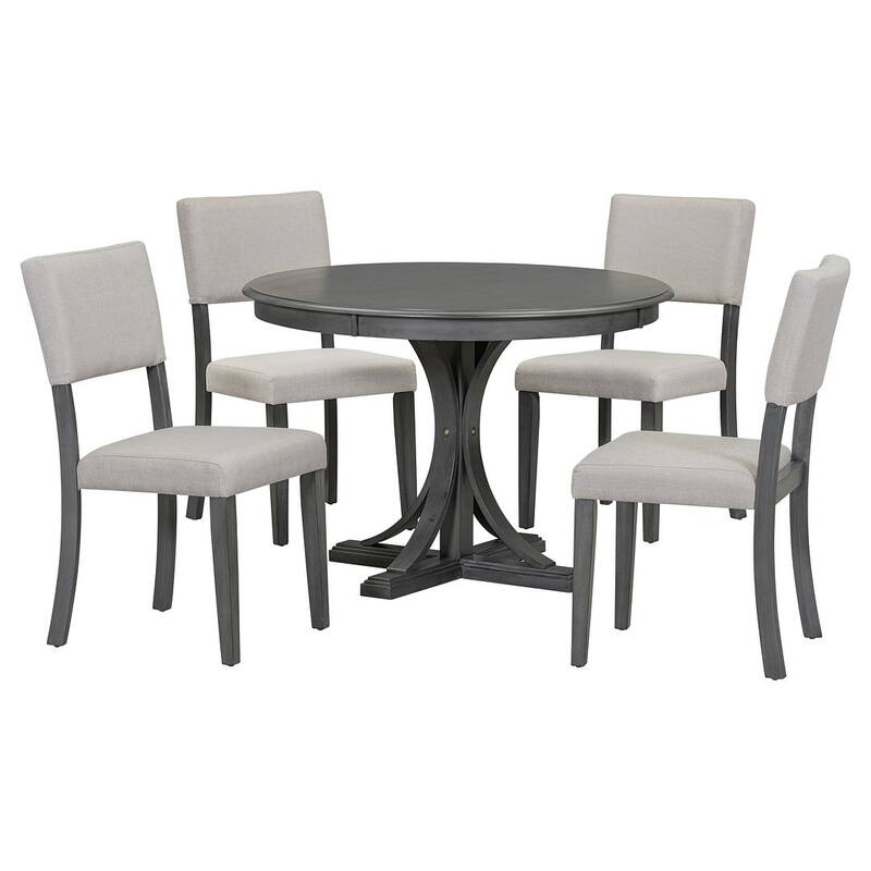 5 PCS Retro Round Dining Table Set for 4 with 4 Upholstered Chairs
