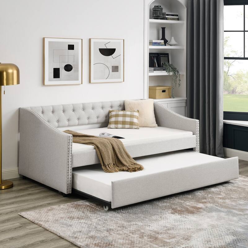 Twin Size Upholstered Daybed Frame with Trundle & Tufted Backrest - Beige