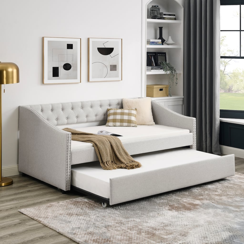 Twin Size Upholstered Daybed Frame with Trundle & Tufted Backrest