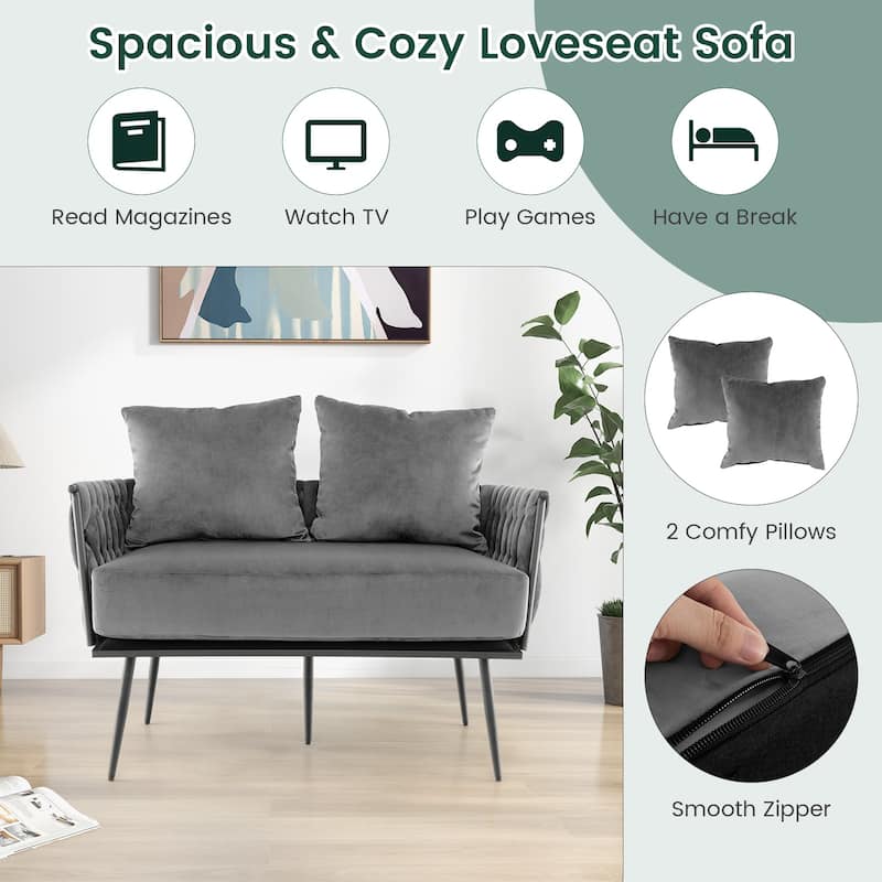 Dutch Velvet Woven Loveseat Sofa with Metal Legs and 2 Cushioned Pillows - 43” x 24” x 25.5”