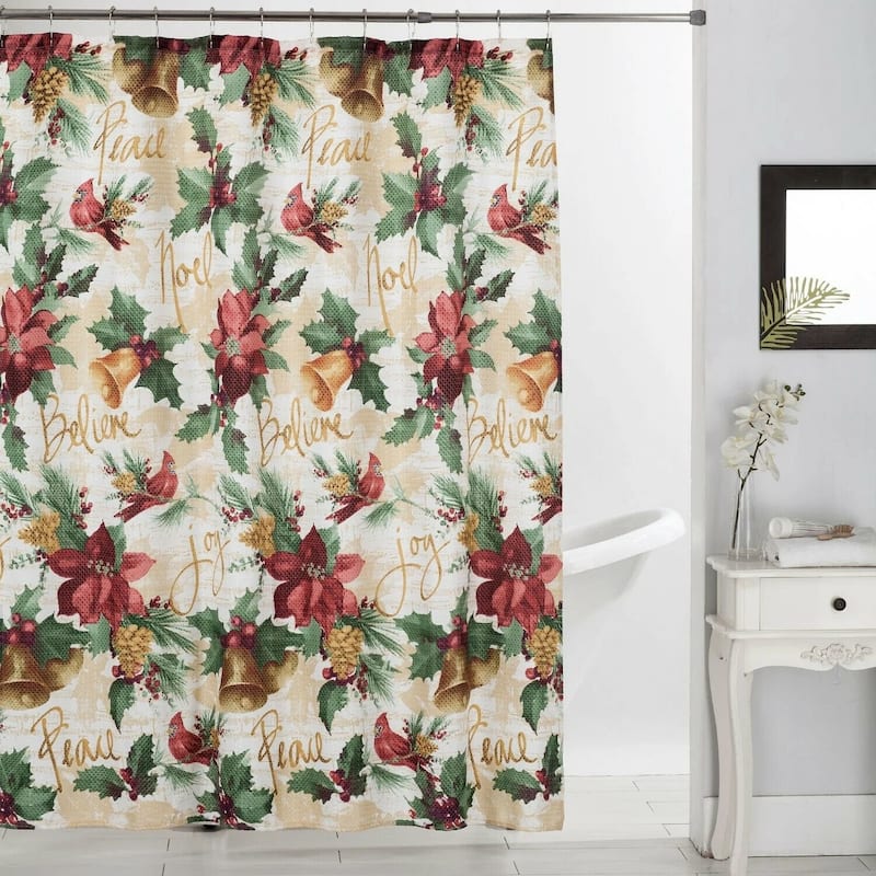 13 PC Christmas Shower Curtain Set with Metal Roller Hooks Dobby Printed Holiday Bathoom Décor - Peace Noel