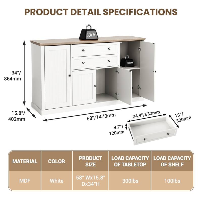 58" Farmhouse Buffet Cabinet, Sideboard Buffet Storage Cabinet with 2 Large Drawers and 4 Grooved Barn Doors