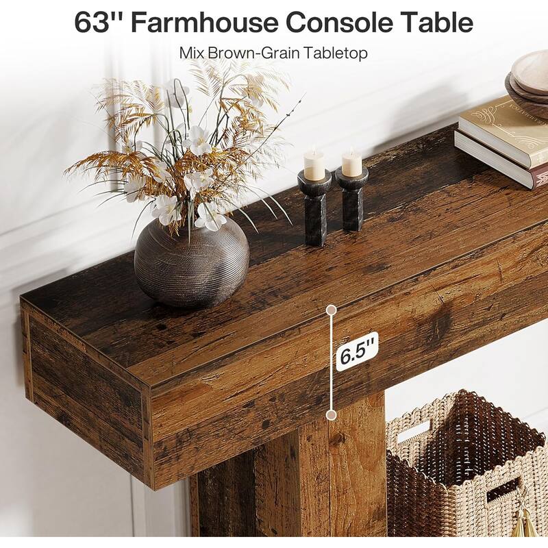 63 Inches Brown/ Gray Wood Hallway Table, Farmhouse Console Table for Entryway