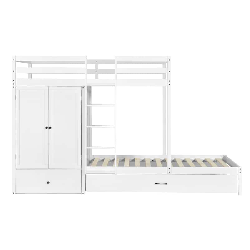 Twin Over Twin Wooden Bunk Bed Frame with Wardrobe, Drawers & Shelves ...