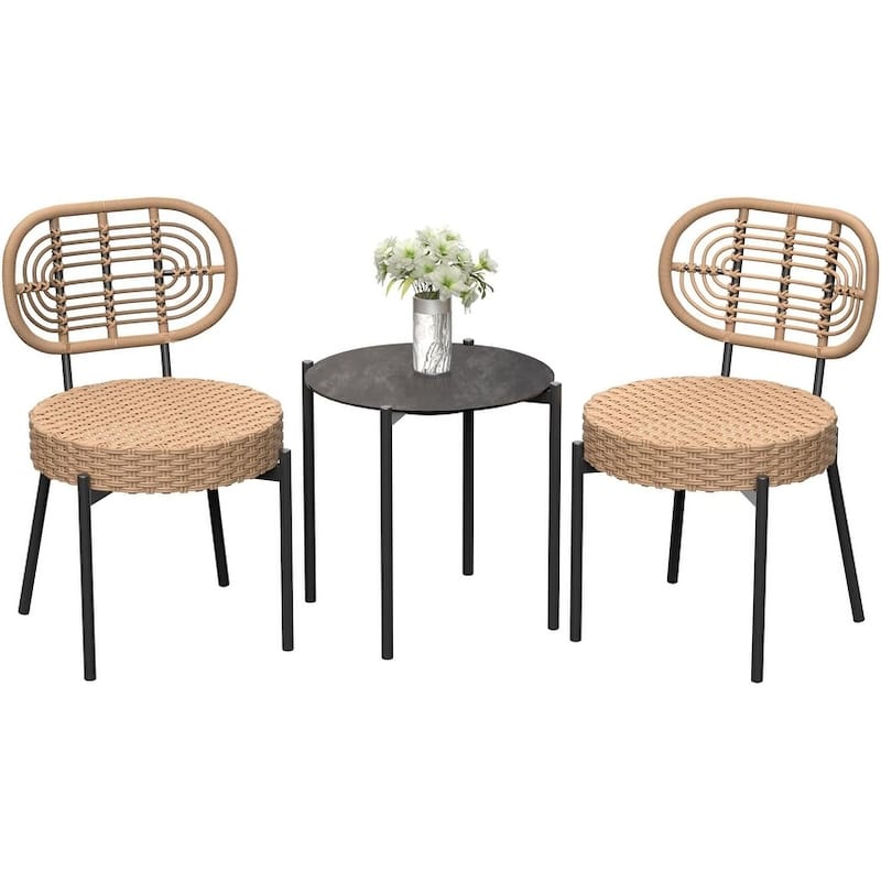 3 Piece Outdoor Bistro Set, Patio Rattan Bistro Set with Coffee Table, Black Steel Frame + Grey Rattan - N/A