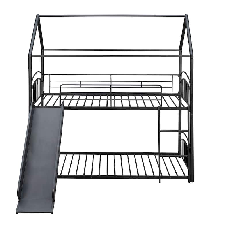 Kids House Bed, Twin Over Twin Metal Bunk Bed Convertible 2 Twin Beds