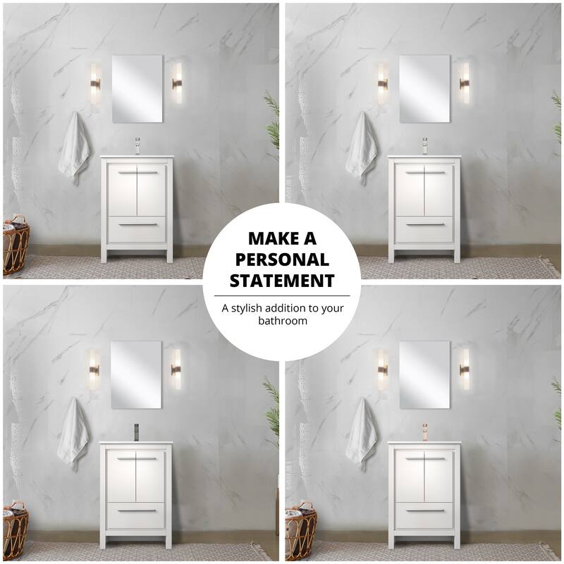 24 in. White Vanity with Quartz Top, Rose Gold Faucet, and 18 in. Mirror - Bathroom Storage Cabinet with Soft-Close Doors