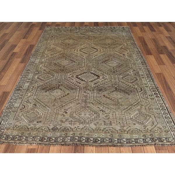 Shahbanu Rugs Semi Antique Brown Persian Shiraz Natural Colors Hand Knotted  Bohemian Clean Pure Wool Oriental Rug (5'3" X 8'1") - Overstock - 33340017