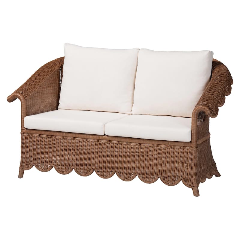 Detta Natural Rattan 3-Piece Living Room Set - Handwoven Wicker Lounge Seating with Scalloped Skirt Base and Rolled Arms