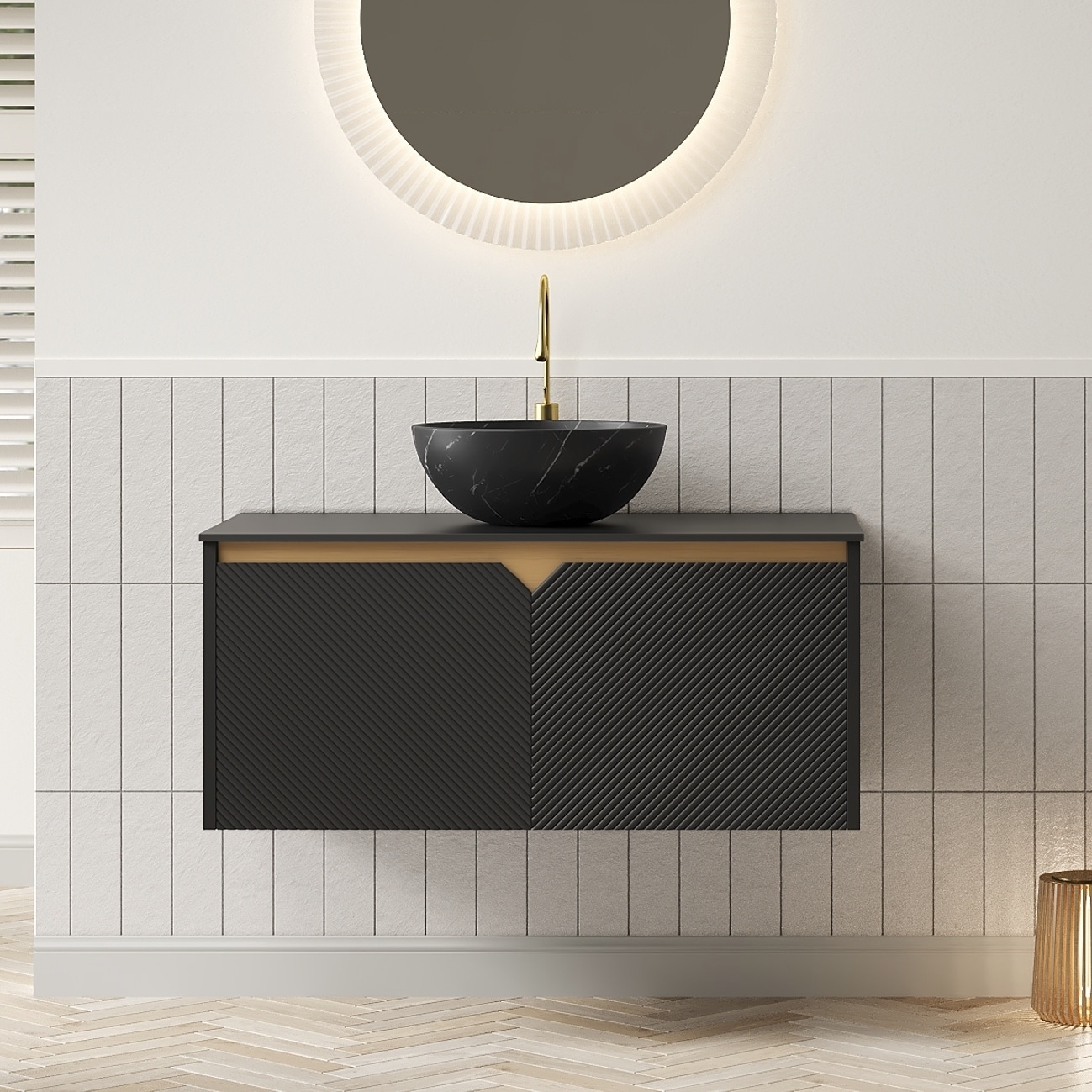 Floating Bathroom Vanity with Sintered Stone Top and Ceramic Vessel Basin