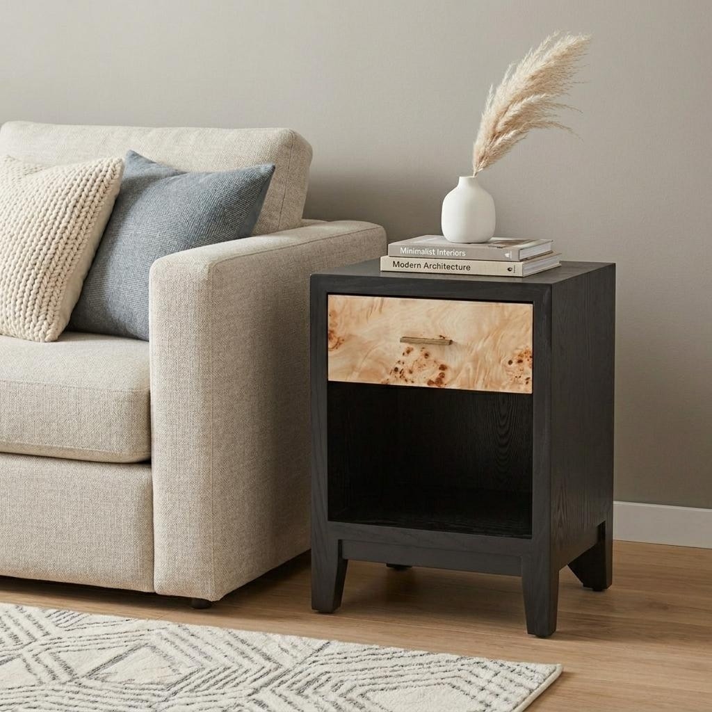 HomeRoots 22" Gray Black and Natural Solid Wood End Table With Drawer And Shelf - 15.00 in. x 21.70 in. x 13.00 in.
