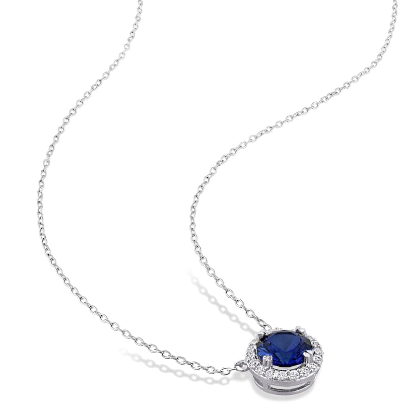 Miadora Sterling Silver Created Blue and White Sapphire Halo Stationed Birthstone Necklace - 11.4 mm x 18 inch x 11.1 mm
