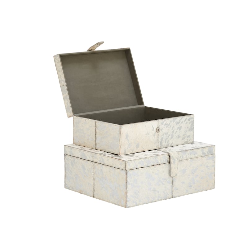 Gray, Silver or Gold Leather Handmade Cowhide Storage Box with Silver Foil Accents (Set of 2)