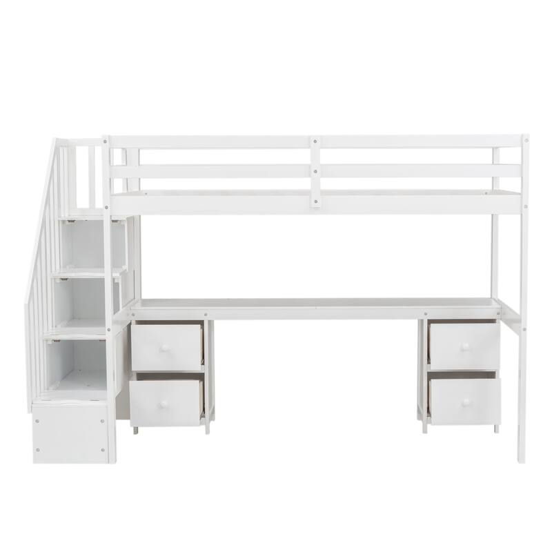 White Twin Size Solid Wood Loft Bed with Built-in Desk and Double Storage Drawers