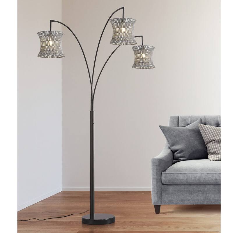 HOMEGLAM 83" 3-Light Bell Woven Rattan Arched Floor Lamp - Dark Bronze