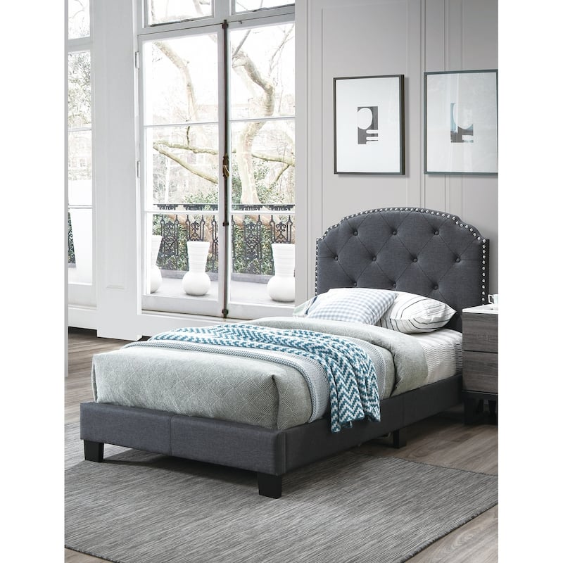 Charcoal Burlap Twin Bed with Nailhead Trim & Button Tufted Headboard!
