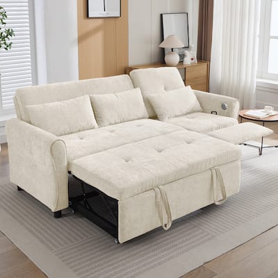 Roomfitters 82-Inch 2-in-1 Three-Seater Sofa, Upholstered Couch with Sofa Bed and Reversible Recliner for Living Room, Beige