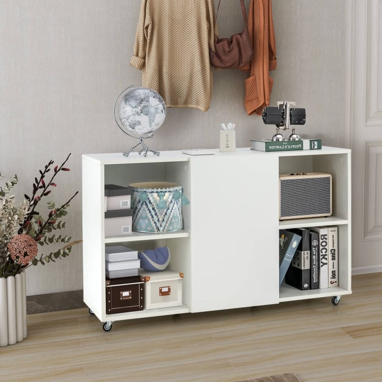 Wood Storage Cabinet with Wheels and 6 Compartments - 44" x 16" x 28" (L x W x H)