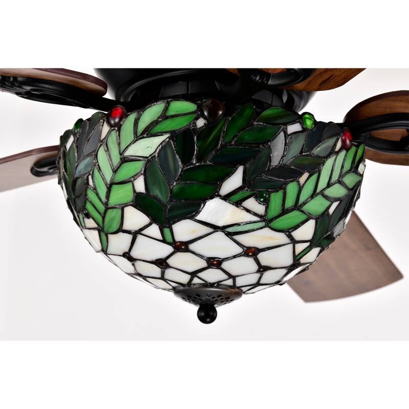 Kyemon 52-Inch Flushmount Lighted Ceiling Fan White Green Fronds Tiffany Glass Lamp Black Finish