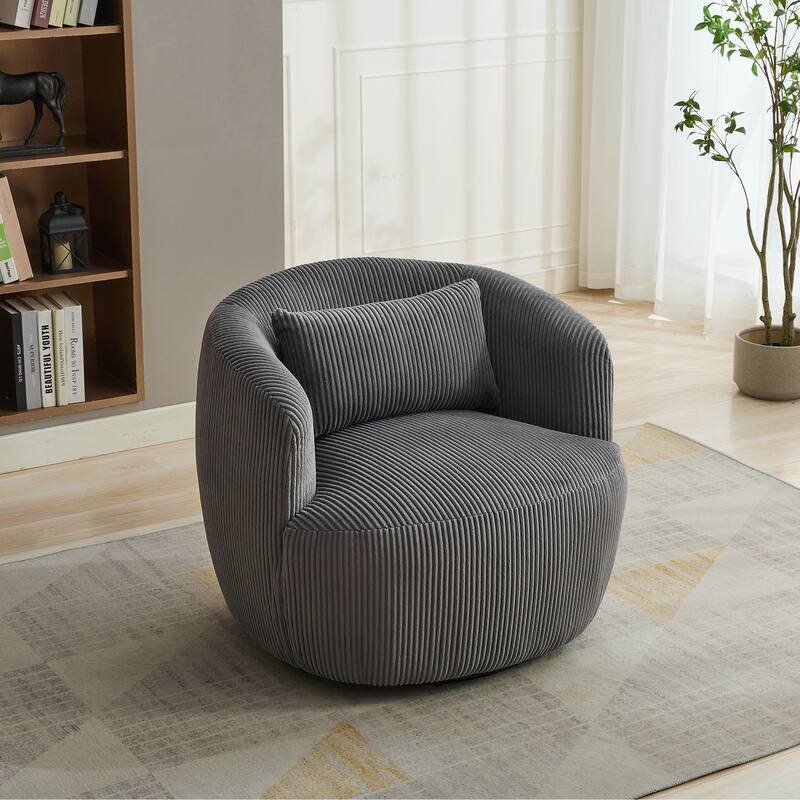 34.25 "Wide Upholstered Corduroy 360° Swivel Barrel Soft Accent Chair with Pillow, Circular Reading Armchair Lounge - Grey
