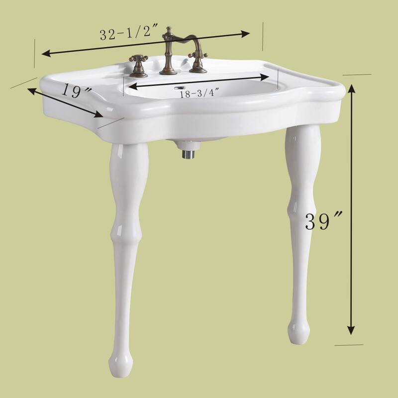 White Ceramic Console Sinks 32.5" Belle Console Sinks with 2 Porcelain Legs, Widespread Faucet and Drain