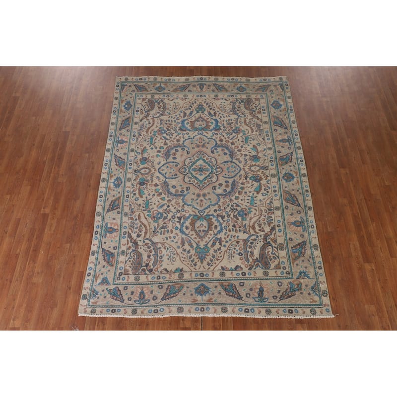 Over-Dyed Tabriz Persian Vintage Area Rug Handmade Beige Wool Carpet - 6'9"x 9'1"