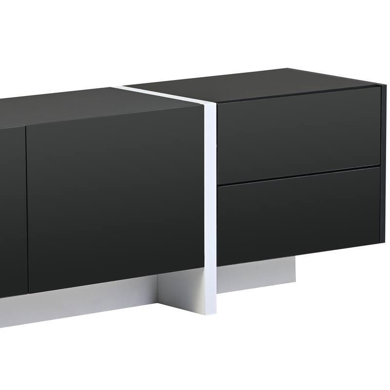 Sleek TV Stand with 2 Drawers, 3 Cabinets, and Contemporary Design for 80-Inch TVs, Black and White Finish.