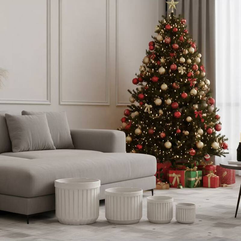 Set of 4 Handmade Ceramic Pots for Succulents with Vertical Grooves - Cream Color